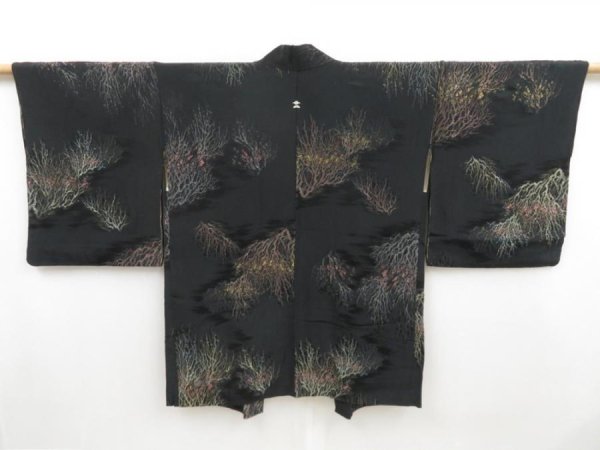 Photo1: 4611T04z680 Vintage Japanese Kimono Silk HAORI Trees Black (1)