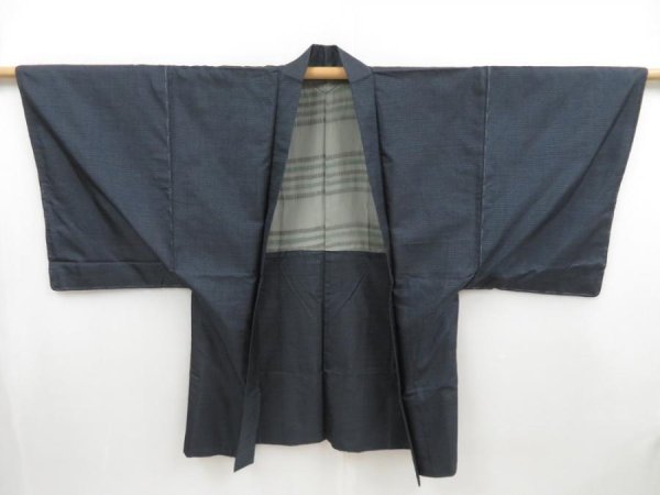 Photo1: 4611T10z500 Vintage Japanese Kimono Silk Men's OSHIMA HAORI  Navy-Gray (1)