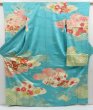 Photo1: 4611T13z960 Vintage Japanese Kimono Silk FURISODE Peony Water blue (1)