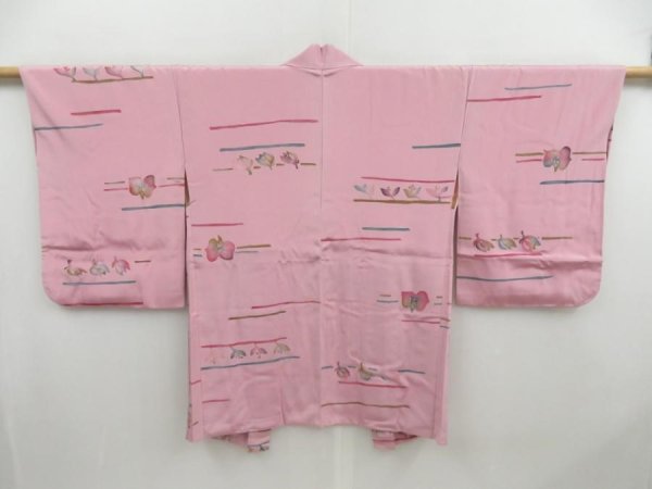 Photo1: 4616T03z600 Vintage Japanese Kimono Silk HAORI Leaves Pink (1)