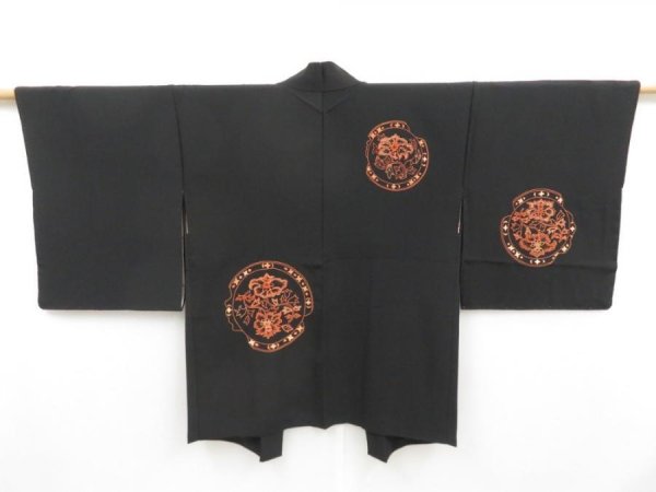 Photo1: 4616T04z660 Vintage Japanese Kimono Silk HAORI Embro Flowers Black (1)