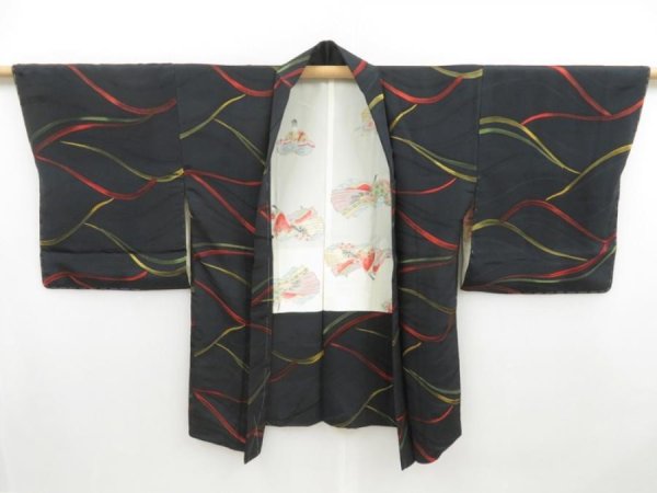 Photo1: 4616T07z580 Vintage Japanese Kimono Silk HAORI Wave Black (1)