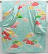 Photo1: 4616T13z1000 Vintage Japanese Kimono Silk FURISODE Pine Light blue (1)