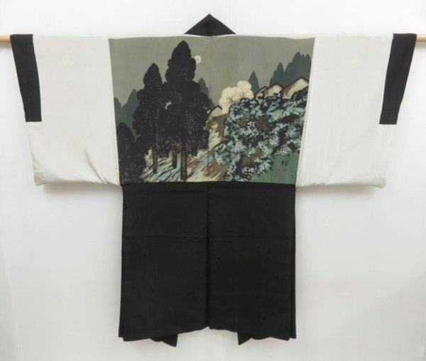 Photo1: 4618T07z600 Vintage Japanese Kimono Silk Men's HAORI Grove Black (1)