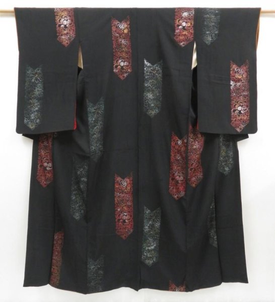 Photo1: 4618T13z690 Antique Japanese Kimono Silk KOMON Flowers Black (1)