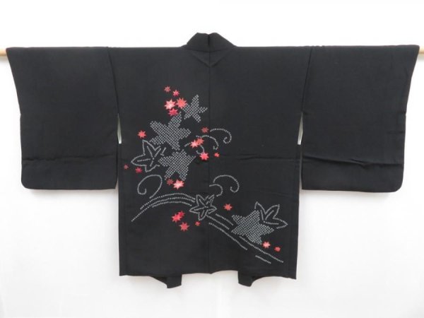 Photo1: 4621T02z580 Vintage Japanese Kimono Silk HAORI Maple Black (1)