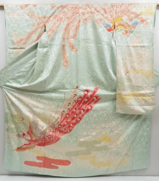 Photo1: 4621T12z1110 Vintage Japanese Kimono Silk FURISODE Peacock Celadon (1)