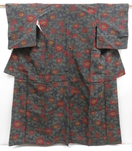 Photo1: 4621T13z790 Vintage Japanese Kimono Silk TSUMUGI Flower Dark gray (1)