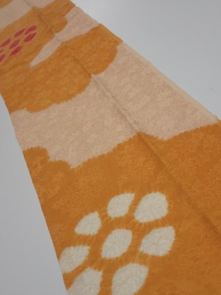 Photo1: 4i10z30  Japanese Kimono Silk  FABRIC Flower Light orange 33.5x6.9 (1)