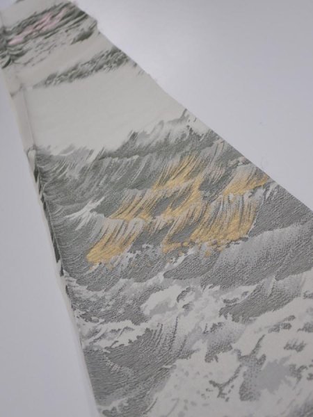 Photo1: 4i08z40  Japanese Kimono Silk  FABRIC Wave Light gray 54.3x6.9 (1)