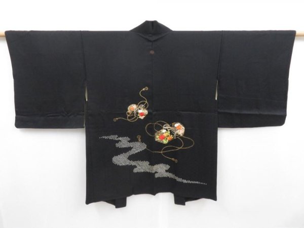 Photo1: 4623T01z560 Vintage Japanese Kimono Silk HAORI Letter box Black (1)