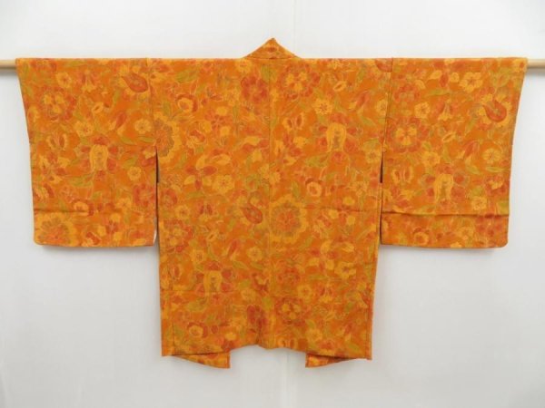 Photo1: 4623T06z650 Vintage Japanese Kimono Crepe Silk HAORI Flowers Dark orange (1)