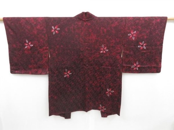 Photo1: 4623T10z590 Vintage Japanese Kimono Silk HAORI Flower Dark grape (1)