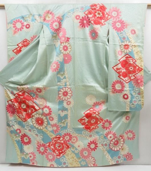 Photo1: 4623T11z810 Vintage Japanese Kimono Silk FURISODE Flowers Light blue (1)