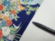 Photo6: 4D10z30  Japanese Kimono Silk  FABRIC Flowers Navy 35.4x7.3 (6)