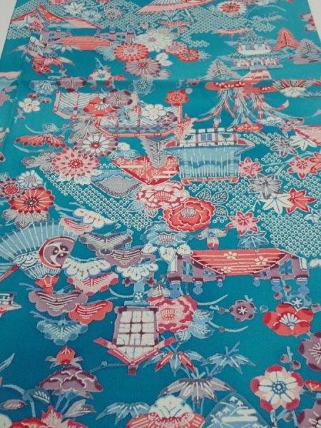 Photo1: 4D02z60  Japanese Kimono Crepe Silk  FABRIC Temple Cyan blue 41.3x14.8 (1)