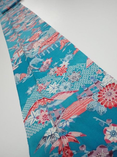 Photo1: 4D09z60  Japanese Kimono Crepe Silk  FABRIC Temple Cyan blue 85.0x7.3 (1)