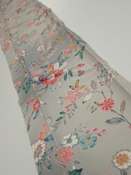 Photo1: 4D10z30  Japanese Kimono Silk  FABRIC Flowers Light gray 35.8x6.7 (1)