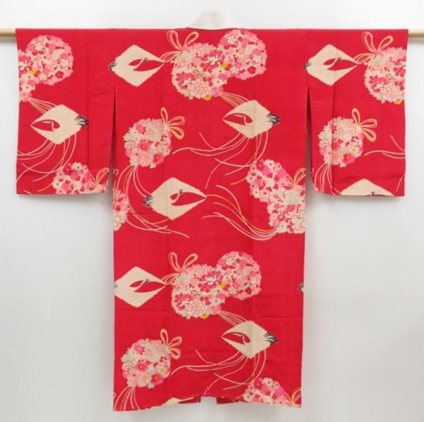 Photo1: 4622T12z460 Antique Japanese Kimono Silk JUBAN Flying crane Red (1)