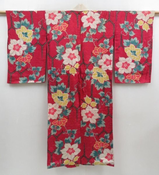 Photo1: 4629T01z560 Antique Japanese Kimono Silk JUBAN Flower Wine red (1)