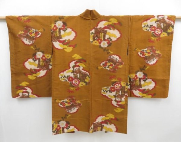 Photo1: 4629T05z460 Vintage Japanese Kimono Silk HAORI Royal cart Yellow ochre (1)