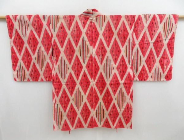 Photo1: 4629T14z390 Vintage Japanese Kimono Silk HAORI  Red (1)