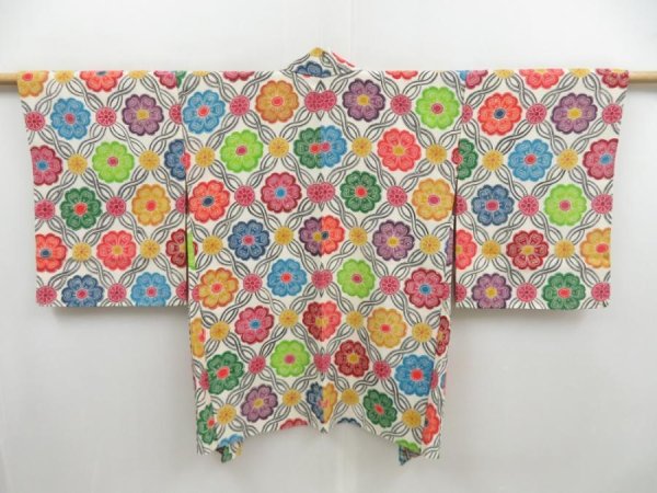 Photo1: 4702T01z580 Vintage Japanese Kimono Silk HAORI Flowers Off-white (1)