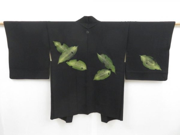 Photo1: 4702T05z580 Vintage Japanese Kimono Silk HAORI Leaf Black (1)