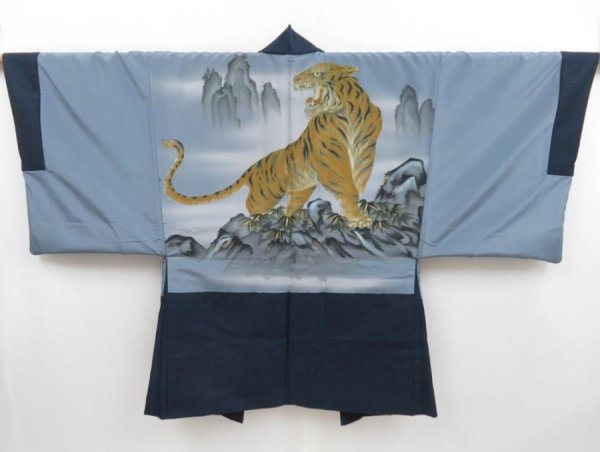 Photo1: 4702T08z800 Vintage Japanese Kimono Wool Men's HAORI Tiger Dark navy (1)