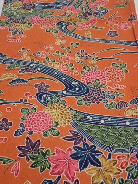 Photo1: 2Z01z60  Japanese Kimono Crepe Silk  FABRIC Maple  40.2x14.2 (1)