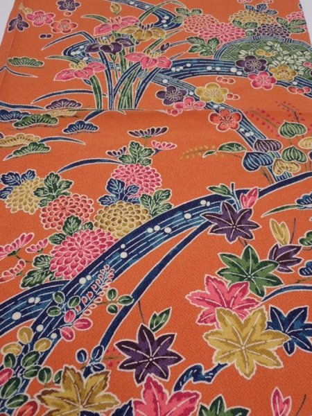 Photo1: 2Z02z60  Japanese Kimono Crepe Silk  FABRIC Maple  40.9x14.2 (1)