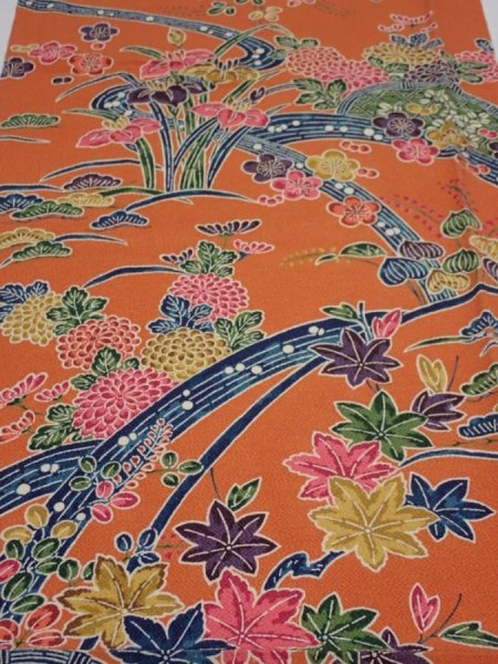 Photo1: 2Z05z90  Japanese Kimono Crepe Silk  FABRIC Maple  65.4x14.2 (1)