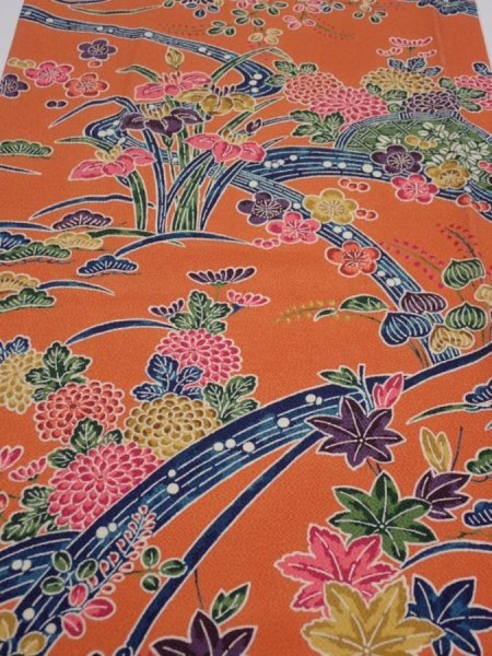 Photo1: 2Z06z90  Japanese Kimono Crepe Silk  FABRIC Maple  65.4x14.2 (1)