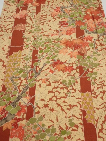 Photo1: 2W01z60  Japanese Kimono Silk  FABRIC Plum branch Brown 41.3x14.2 (1)