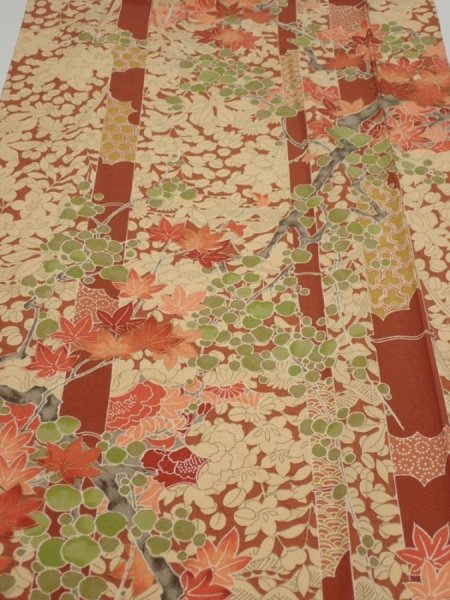 Photo1: 2W04z90  Japanese Kimono Silk  FABRIC Plum branch Brown 63.0x14.2 (1)