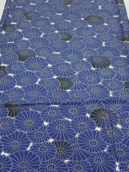 Photo1: 2W04z90  Japanese Kimono Silk  FABRIC Chrysanthemum Navy 64.6x14.0 (1)