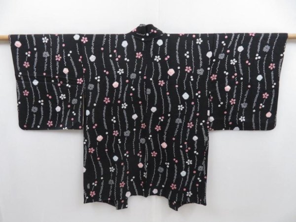 Photo1: 4706T10z580 Vintage Japanese Kimono Silk HAORI Flower Black (1)