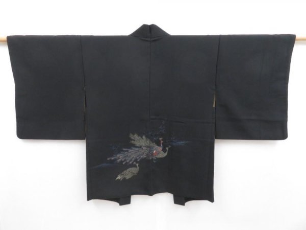 Photo1: 4714T07z560 Vintage Japanese Kimono Silk HAORI Peacock Black (1)