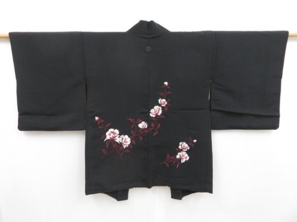 Photo1: 4714T14z560 Vintage Japanese Kimono Silk HAORI Flower Black (1)