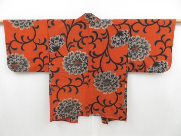 Photo1: 4718T03z480 Vintage Japanese Kimono Silk HAORI Flower Orange-Brown (1)