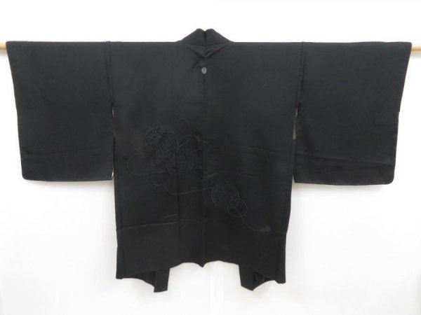 Photo1: 4718T04z610 Vintage Japanese Kimono Silk Embro HAORI Flowers Black (1)