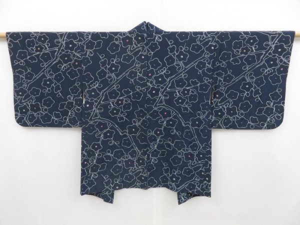 Photo1: 4718T05z520 Vintage Japanese Kimono Silk HAORI Plum branch Dark navy (1)