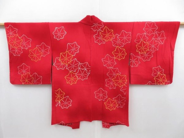 Photo1: 4718T06z610 Vintage Japanese Kimono Silk HAORI Maple Dark red (1)