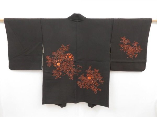 Photo1: 4718T07z640 Vintage Japanese Kimono Silk HAORI Flowers Lamp black (1)