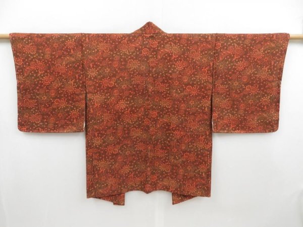 Photo1: 4718T08z580 Vintage Japanese Kimono Silk HAORI Flowers Brown (1)