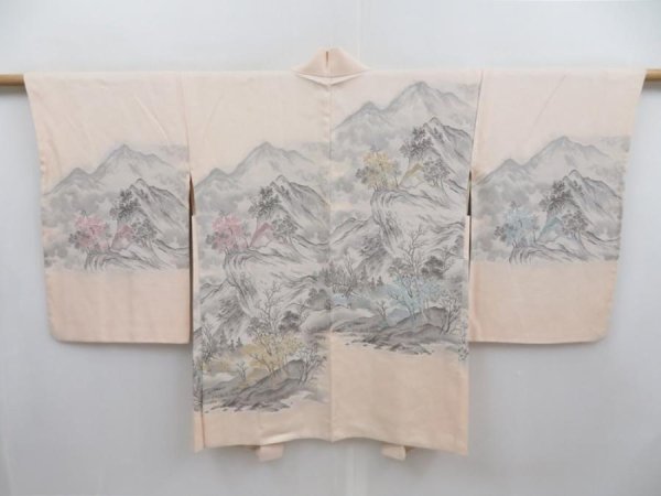 Photo1: 4718T11z580 Vintage Japanese Kimono Silk HAORI Scenery Light pink (1)