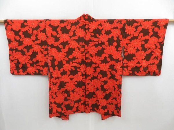 Photo1: 4718T13z610 Vintage Japanese Kimono Silk HAORI Flower Orange-Red (1)