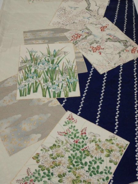 Photo1: 1W02z70  Japanese Kimono Silk  FABRIC Flowers Navy 49.6x14.2 (1)