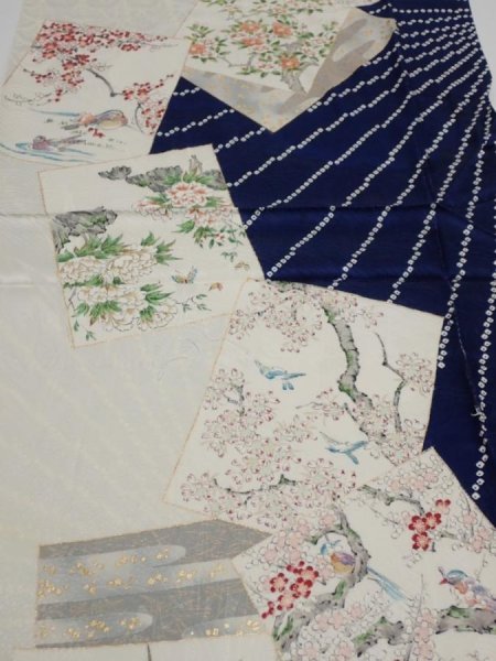 Photo1: 1W05z100  Japanese Kimono Silk  FABRIC Flowers Navy 68.1x14.4 (1)