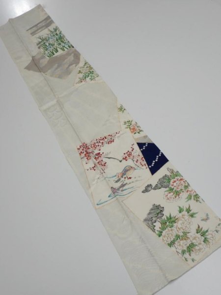 Photo1: 1W10z30  Japanese Kimono Silk  FABRIC Flowers Off-white 36.6x6.9 (1)